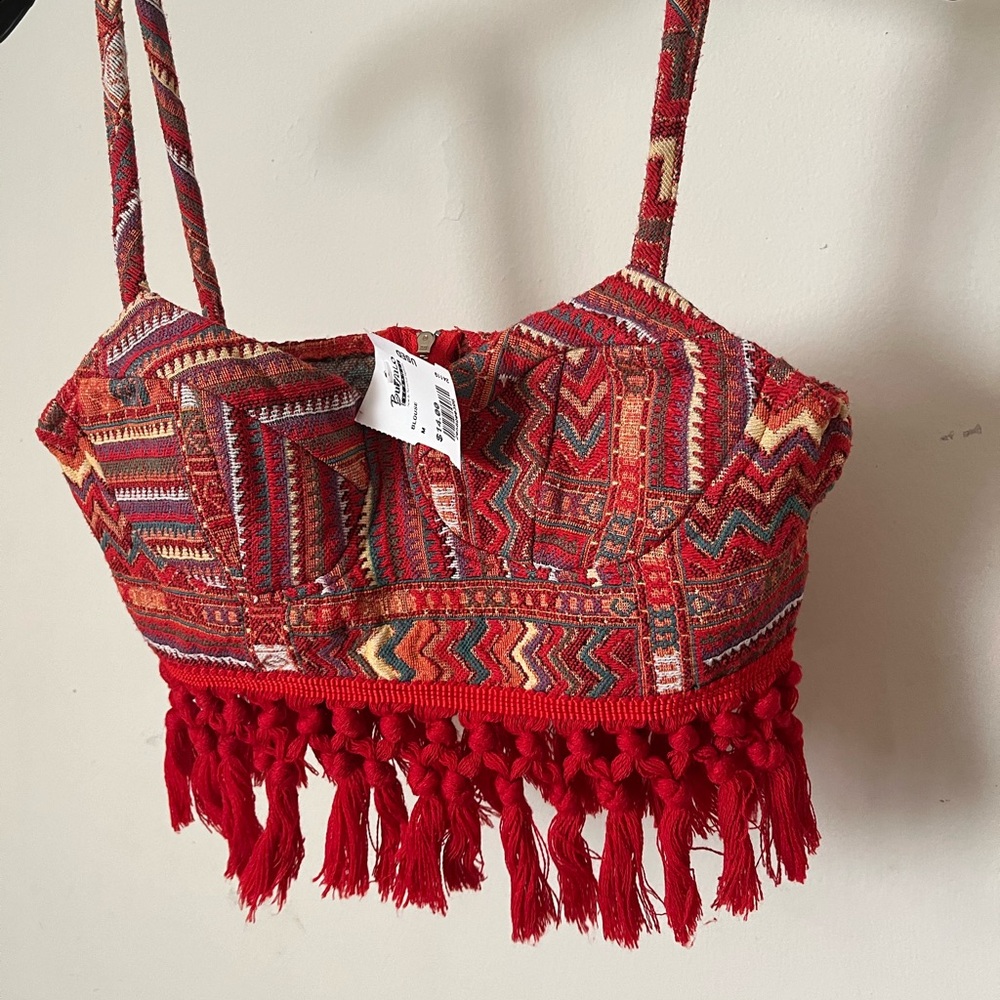 Cropped Red patterned fringed top